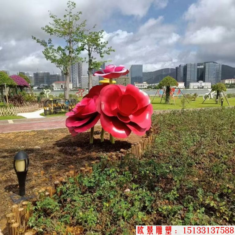 不銹鋼仿真玫瑰花雕塑，公園花朵雕塑5