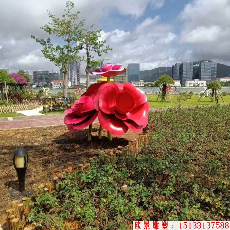 不銹鋼仿真玫瑰花雕塑，公園花朵雕塑7